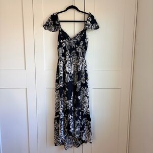 Angie Black and White Floral Maxi Dress Flutter Sleeve Tie Back | M
